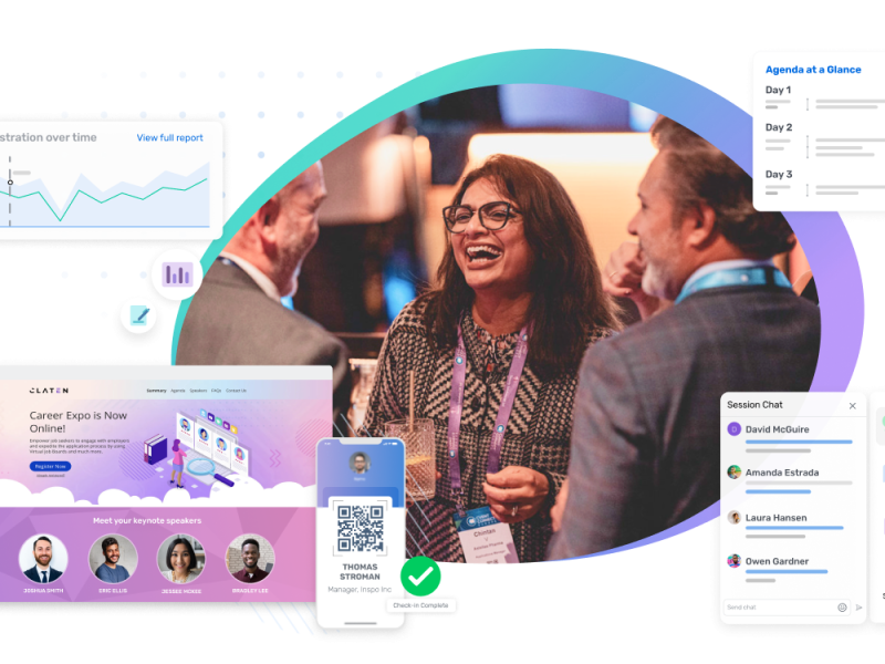 Illustration showing Cvent software, agenda, session chat, registration sample page and analytics. 